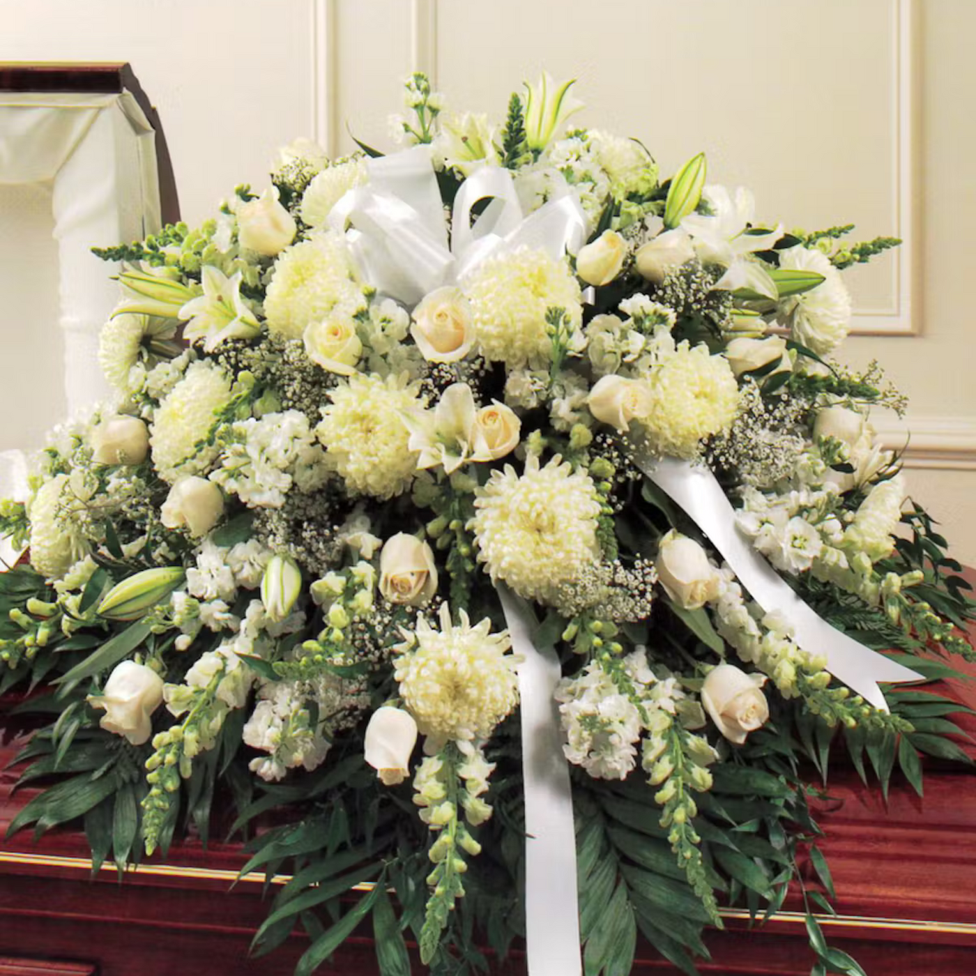 Garden White Casket Funeral Flowers